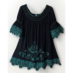 Urban Mango Black And Teal Embroidered Beaded Baby Doll Dress Women's Size  Med